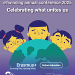 A cartoon picture of three children looking over a globe