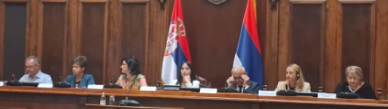 Seven people sit at a wooden bench with the Serbian flag behind them 