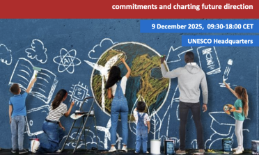 Flyer for the UNESCO event, with an image of people drawing on a chalk board